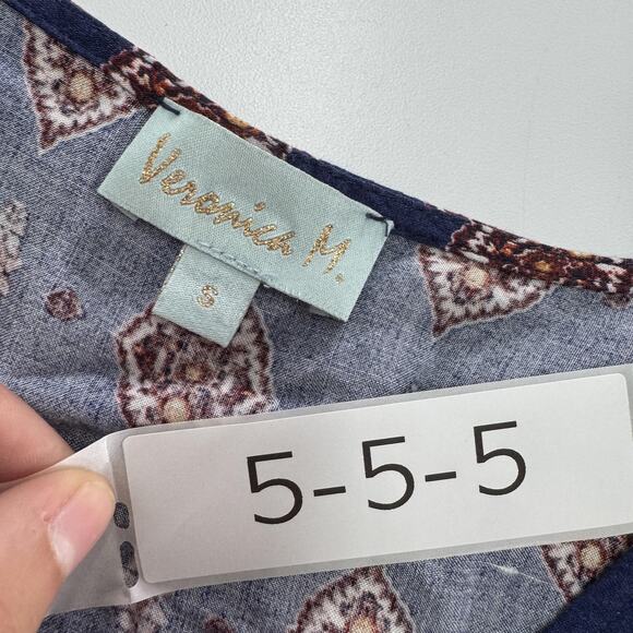 Veronica M Shirt Womens Small Blue Boho Long Sleeve Diamond Print Blouse Top - Picture 3 of 5